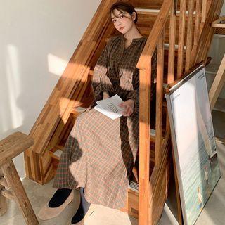 Open-placket Tie-waist Maxi Plaid Dress