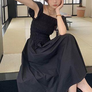 Cap-sleeve Square-neck Smocked Midi A-line Dress