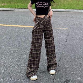 Asymmetrical Plaid Wide Leg Pants