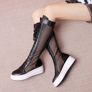 Mesh Panel Lace-up Knee-high Boots