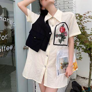 Mock Two-piece Panel Embroidered Mini Shirtdress