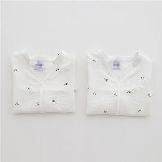 Leaf Embroidered Split Neck 3/4 Sleeve Shirt