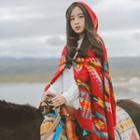 Geometry-pattern Hooded Cape Red - One Size