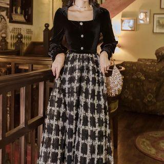 Long-sleeve Square-neck Checked Midi A-line Dress