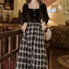 Long-sleeve Square-neck Checked Midi A-line Dress