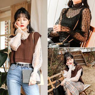 Smocked-trim Dotted Mesh Top