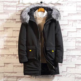 Lettering Furry-trim Hooded Padded Coat