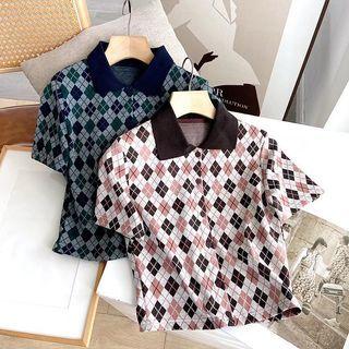 Elbow-sleeve Collar Argyle Knit Top