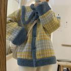 Faux-fur Trim Plaid Button Knit Jacket As Shown In Figure - One Size