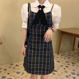Short-sleeve Blouse / Plaid Spaghetti Strap Dress