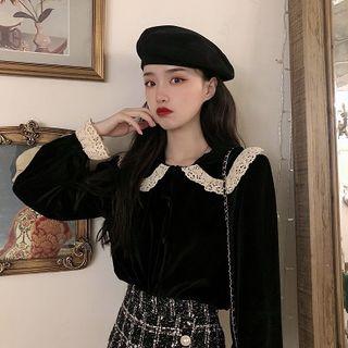 Color-block Peter-pan Collar Panel Velvet Long-sleeve Blouse Black - One Size