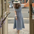 Two-tone Drawstring-waist Long Dress Sky Blue - One Size