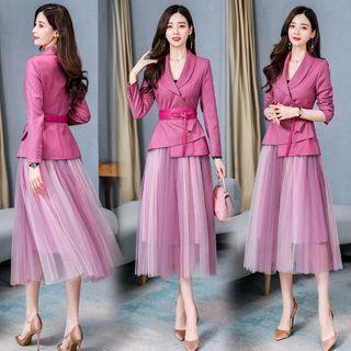 Set: Pinstriped Open-front Blazer + Midi A-line Mesh Skirt