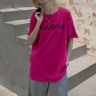 Lettering Short-sleeve T-shirt Dragon Fruit Pink - One Size