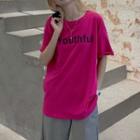 Lettering Short-sleeve T-shirt Dragon Fruit Pink - One Size
