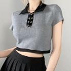 Short-sleeve Two-tone Knit Crop Polo Shirt