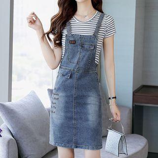 Set: Short-sleeve Striped Top + Denim Jumper Dress