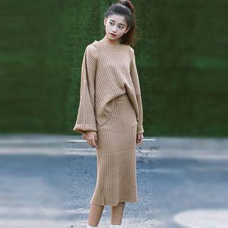 Set : Open Shoulder Long-sleeve Knit Sweater + Midi Skirt
