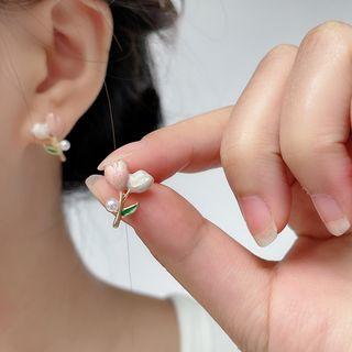 Flower Faux Pearl Alloy Earring D1105 - 1 Pair - Pink & Green & White & Gold - One Size