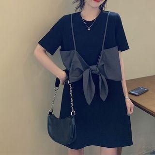 Mock Two-piece Short-sleeve Bow-front Mini T-shirt Dress Black - One Size