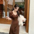 Square-neck Plain Woolen A-line Dress
