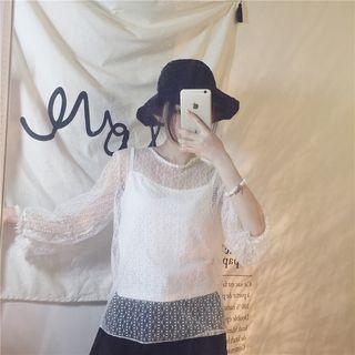Set : Lace Long-sleeve Top + Spaghetti Strap Top