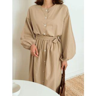 Balloon-sleeve Shirred-waist Maxi Shirtdress
