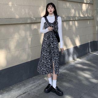Spaghetti-strap Leopard Print Midi A-line Dress / Turtleneck T-shirt