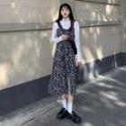 Spaghetti-strap Leopard Print Midi A-line Dress / Turtleneck T-shirt