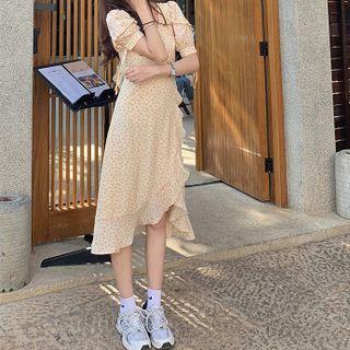 Puff-sleeve Floral Print Asymmetrical Midi A-line Dress