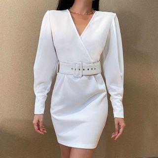V Neck Plain Long-sleeve Dress