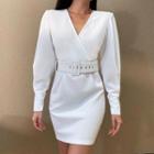 V Neck Plain Long-sleeve Dress
