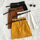 Plain Double-pocket High-waist Denim Skirt With Belt