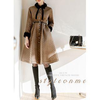 Faux-fur Collar Quilted Velvet Midi Dress With Belt