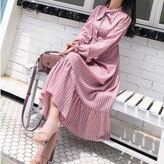 Ruffled Hem Bell Sleeve Striped High Waist Dress