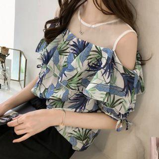 Leaf Print Cold-shoulder Ruffle Blouse