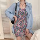 Long-sleeve Plain Shirt / Floral Strappy Mini Dress