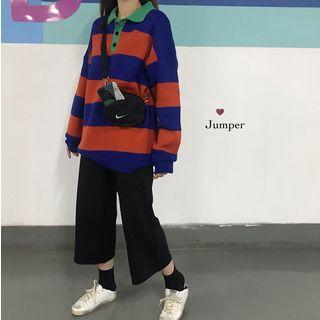 Striped Long-sleeve Loose-fit Polo-shirt As Figure - One Size