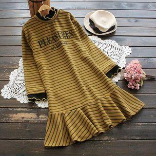 Long-sleeve Striped Ruffle Woolen Dress