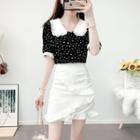 Set: Puff-sleeve Dotted Blouse + Frill Trim Fitted Mini Skirt