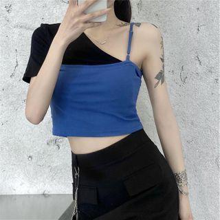 Short-sleeve Asymmetric Paneled T-shirt Dark Blue - One Size