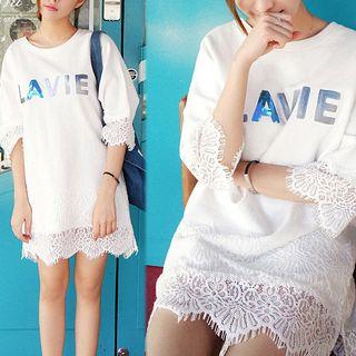 Letter Sequined Lace Trim 3/4 Sleeve T-shirt Dress