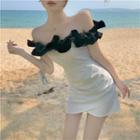 Off-shoulder Ruffled Two-tone Mini Sheath Dress