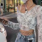 Long-sleeve Henley Tie-dye Drawstring Crop Top