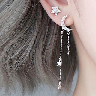 Non-matching 925 Sterling Silver Moon & Star Fringed Earring