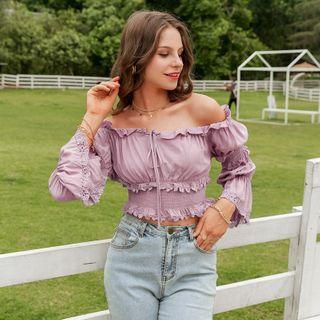 Off-shoulder Drawstring Lace Trim Cropped Top