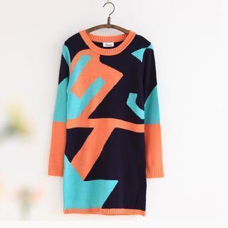 Geometry Contrast Long-sleeve Knit Dress