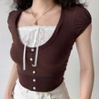 Mock Two-piece Short-sleeve Lace Trim Top