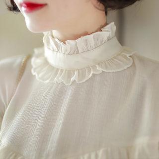 Stand-collar Frill-trim Textured Blouse