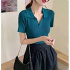 Short-sleeve V-neck Polo Knit Top